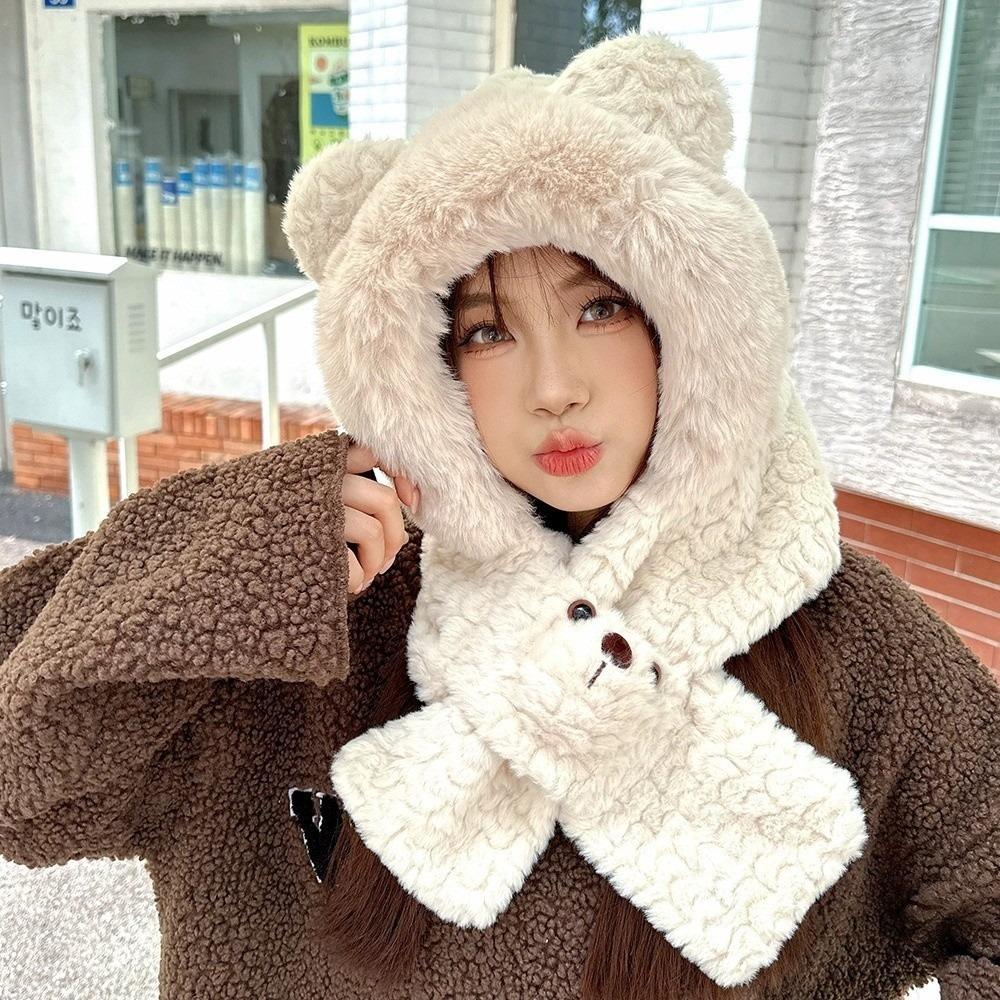 Warm Bear Ear Hat Solid Color Winter Neckerchief Fashion 2 in 1 Plush Scarf Ski