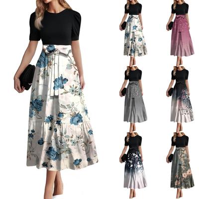 Moda Feminina Cinto Casual Manga Curta Gola Redonda Costura Vestido Temperamento Elegante