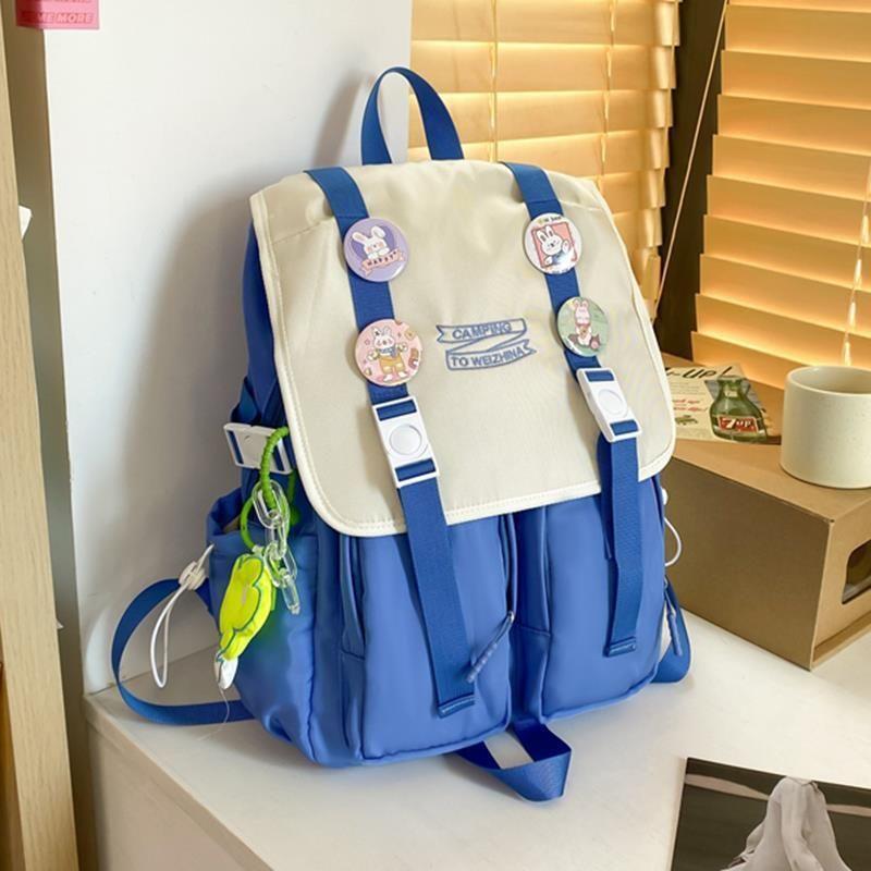 

JK Green Series Women Junior High School Student Schoolbag High School Student Large Capacity 2025 New Good-looking High School Student Backpack Blue (with disc badge and yellow flower pendant)