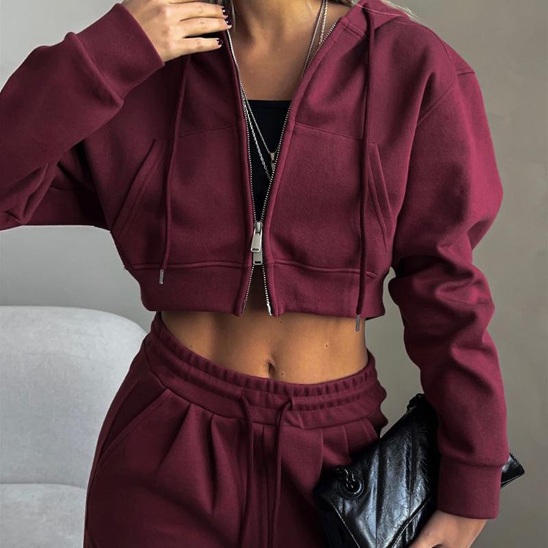 Lässiger Sport-Trainingsanzug für Damen mit Kapuze, zweiteiliges Set, Sweatshirts mit Reißverschluss, einfarbig, hoher Bund, Taschen, Hosenanzug, Oberbekleidung, Herbst