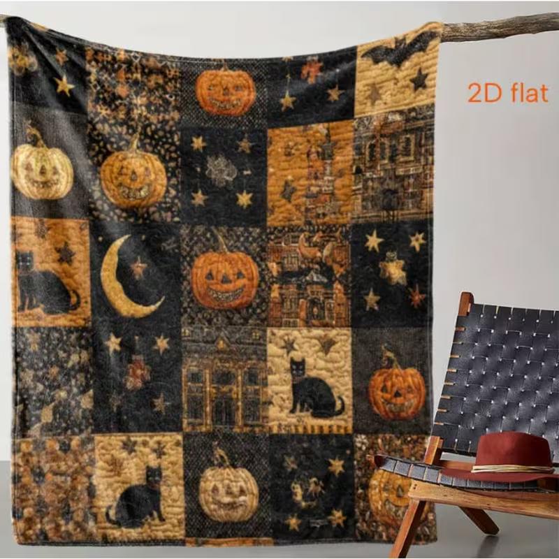 1 Stück Halloween-Themen-Patchwork-Decke mit Geistern, Kürbissen, Fledermäusen & Mehr Weiche, Warme Flanell-Kuscheldecke für Gemütliche Nickerchen, Campingdecke