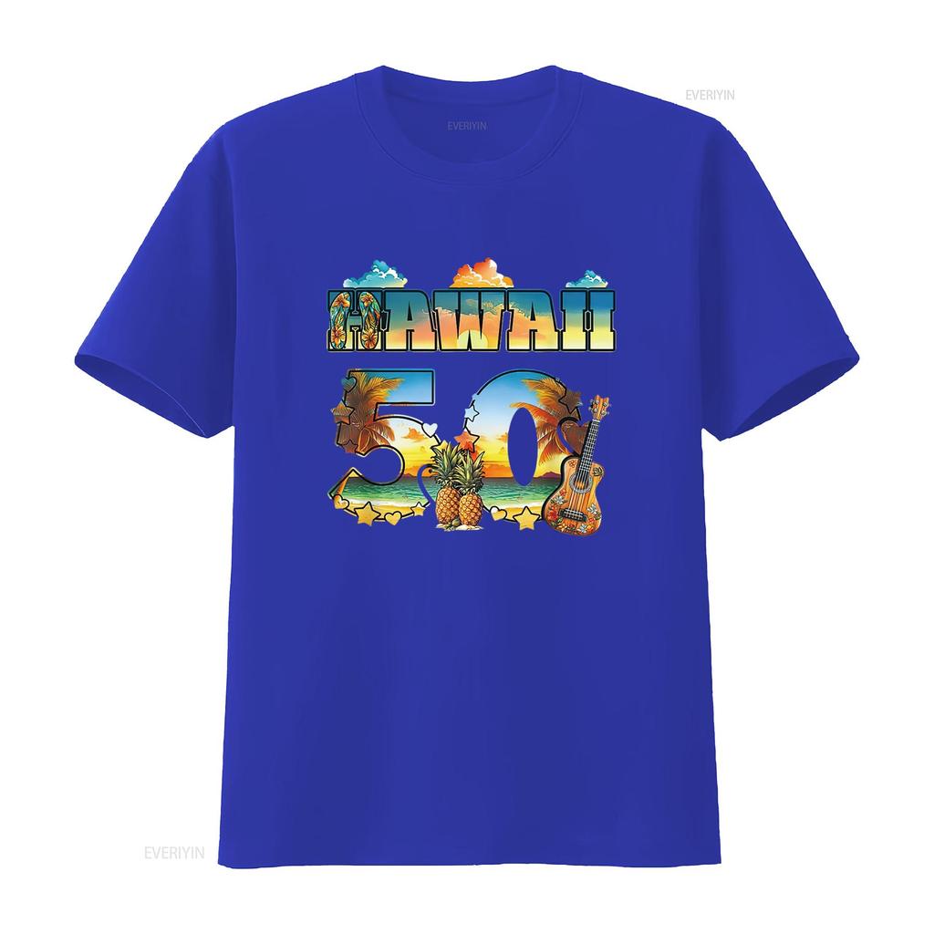 Hawaii 50. Bundesstaat Hawaiianischer Strand Hibiskus 50 Maui Damen Sommer T-Shirt Lässig und Bequem vintage gewaschen Atmungsaktiv