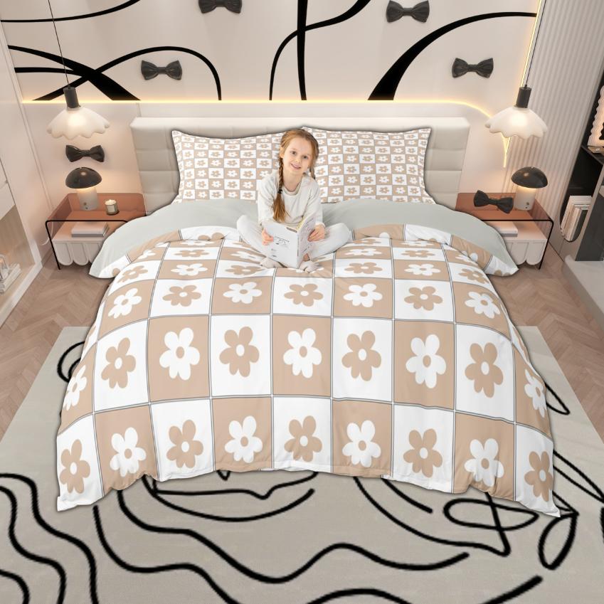 Comforter Homewish Cute Floral Plaid For Girls 2Pcs/3Pcs Kawaii Flower Checkered Bedding Set Cartoon Bedroom Decor