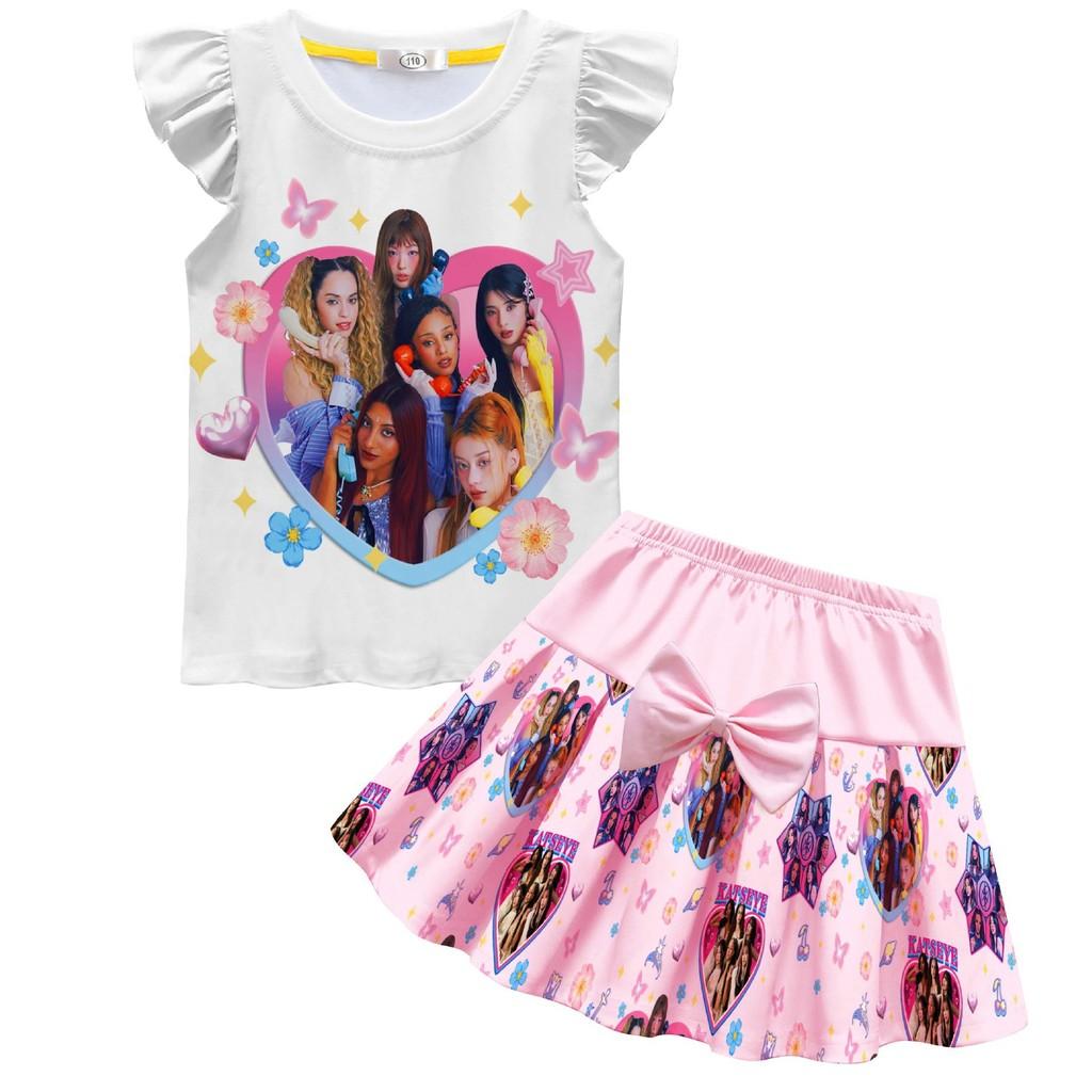 

Kids Girls KATSEYE Print T-Shirt Pleat Skirt Clothes Sets 110cm рожевий