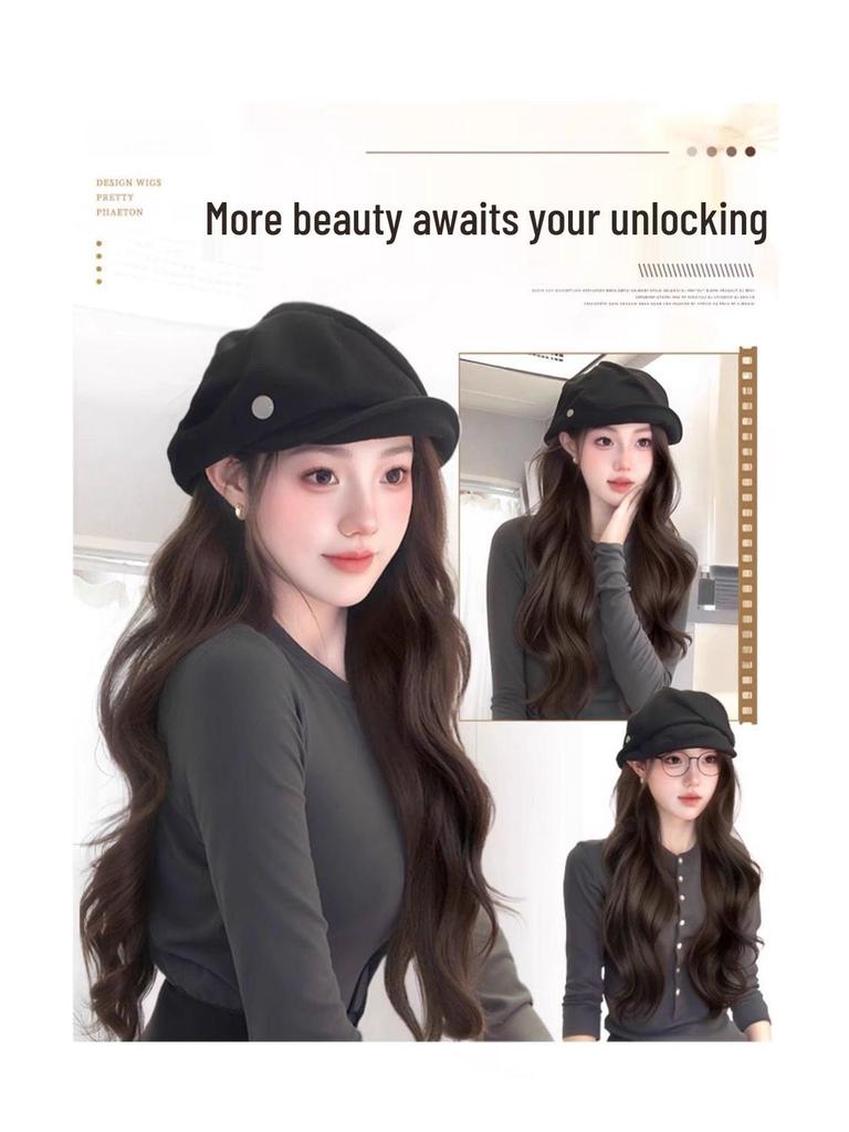 Women's Cloud Octagonal Wig Hat - Natural Full Coverage with Big Waves for Autumn and Winter Fashion