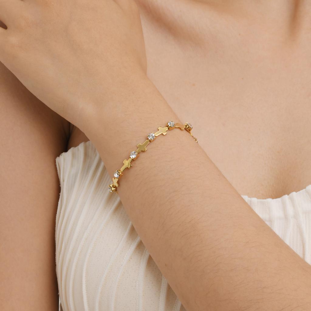 Zirconia Cross Bracelet for Women, Stainless Steel 18k Gold Plated Non Tarnish Stylish Gift