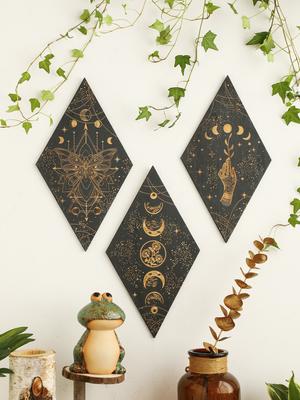 Black Moon Phase Wooden Wall Decor Rhomboid Witch Wall Hanging Decor Wall Art Boho Home Decoration Room Decors Aesthetic Gift