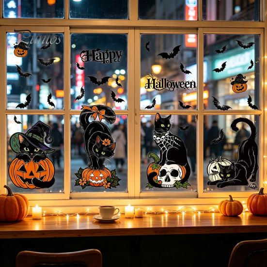 Glue Free Window Sticker 4 Sheets Halloween Black Cat Clings, Spooky Pumpkin Reusable Decorative Mirror Cling Sticker, Double Sided Static Decals for