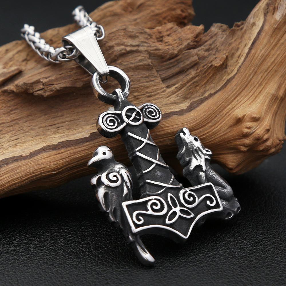 Vintage  Viking Thors Hammer Pendant With Wolf And Raven Necklace For Men Stainless Steel Nordic Amulet Jewelry