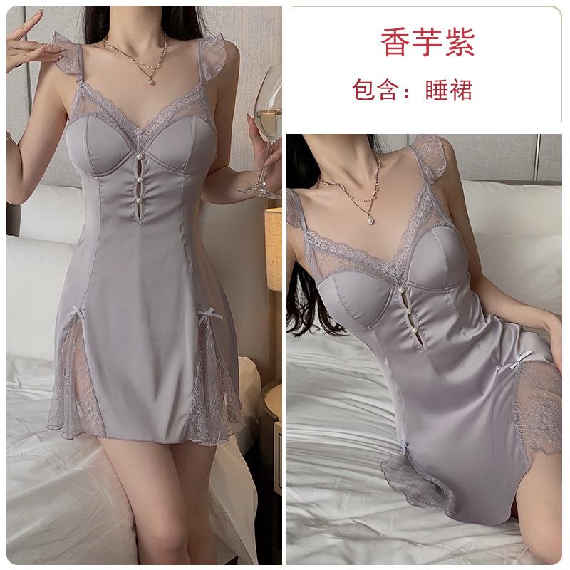 Sexy Backless Pajamas Perspective Lace Large Size Temptation Plus Chest Pad Nightdress Robe Home Set J