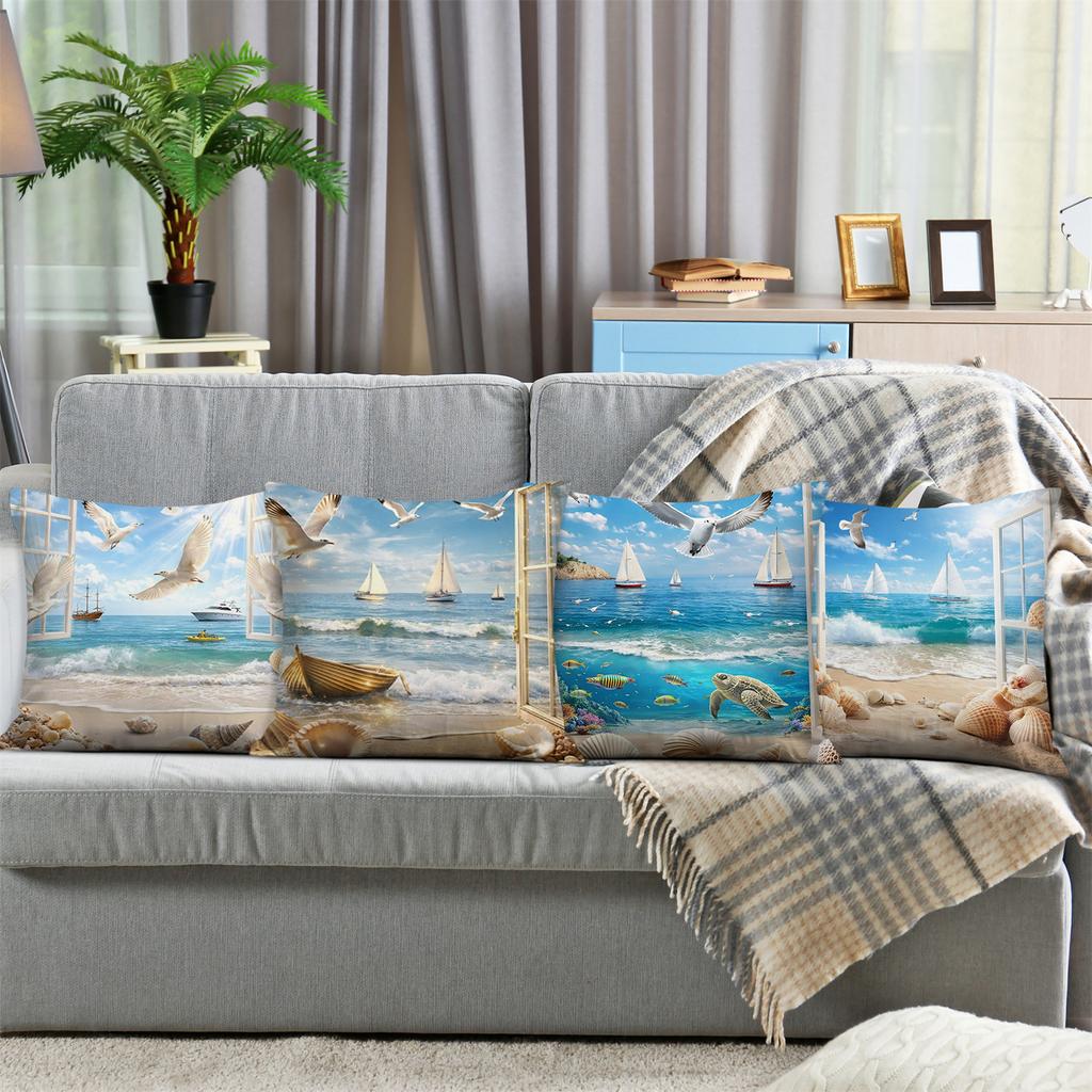 Window Beach View Pillow Covers, Coastal Seagull Sailboat Art Throw Pillow Cases, Nautical Ocean Home Decor Cushion Covers