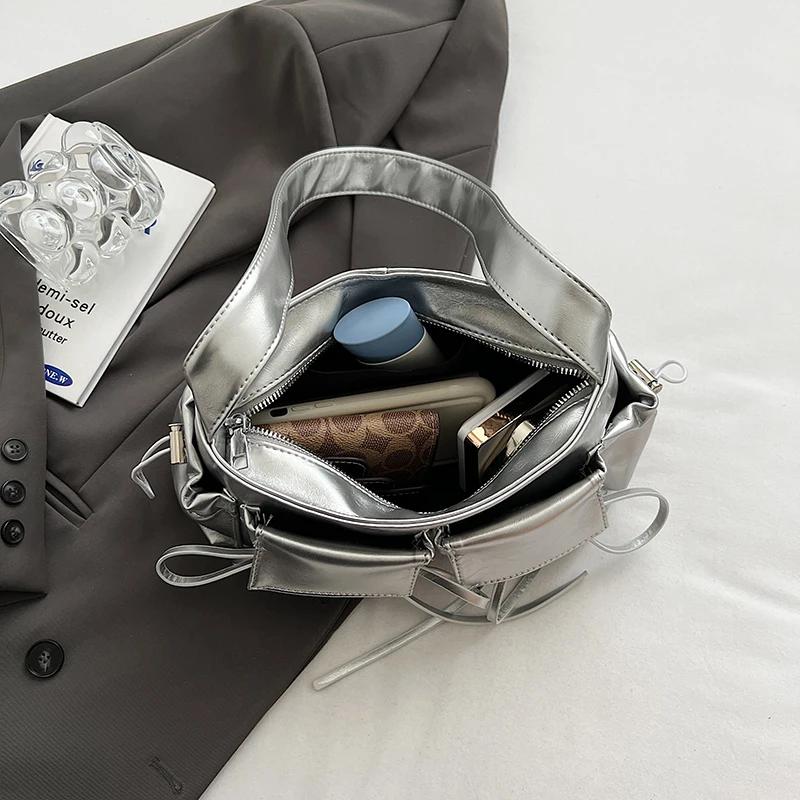 Fashion Underarm Shoulder Bag Red Silver Female Bag PU Leather Armpit Bag Chain Handbag Tote Clutch Bag High Capacity