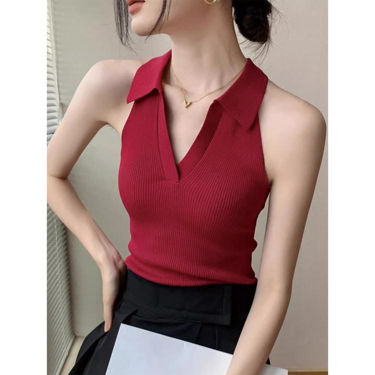Western Style Slim Fit Fashionable Temperament Age Reducing French European Products Simple and Generous Thin POLO Collar Knitted Vest for Women