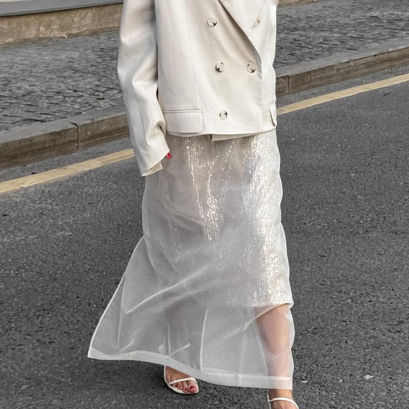 Fustă Sexy din Plasă Transparentă Femei Alb Talie Înaltă Fantă Largă Fuste Lungi Toamnă Modă de Stradă Club Petrecere Fustă Femeie