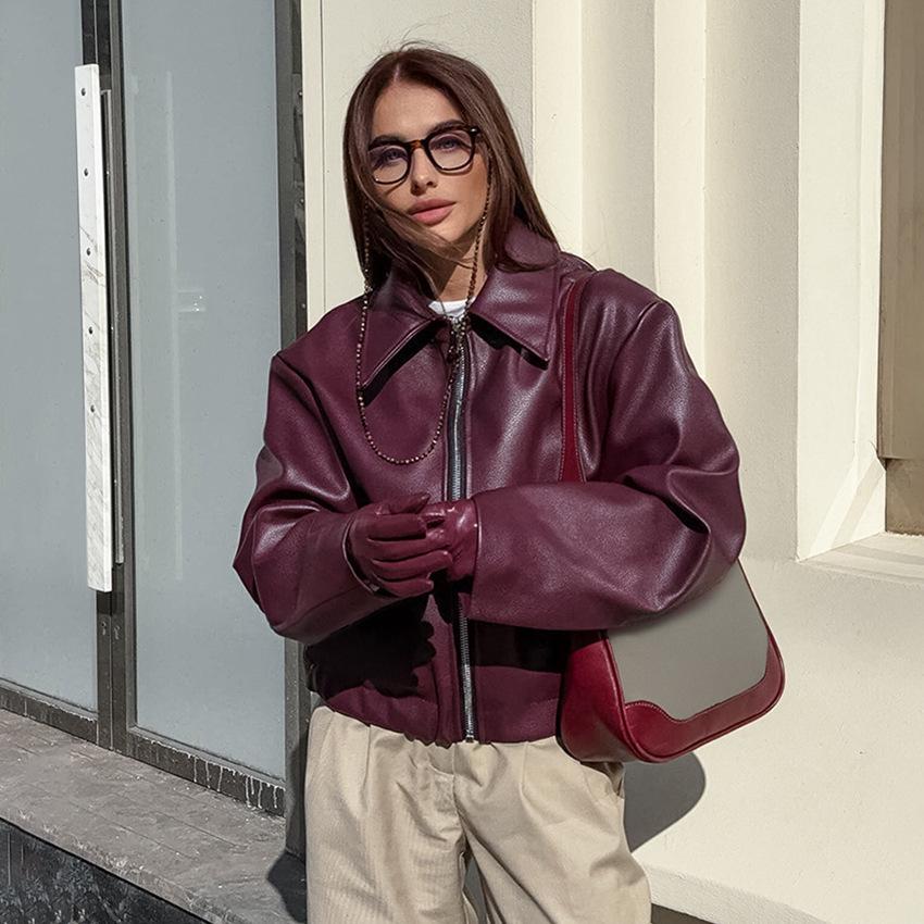 Women's Burgundy Retro Motorcycle Leather Jacket - 2024 Autumn European & American Matte Style