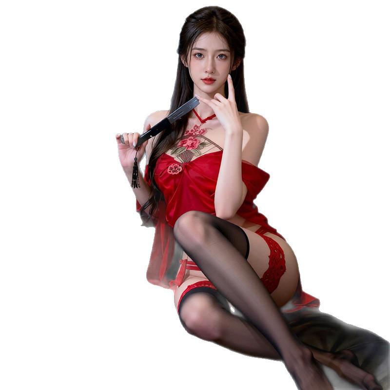 Sex Underwear Sexy Antique Belly Pocket Lace-up Hollow Uniform COS Pure Desire Embroidered Cheongsam Free of Temptation Set