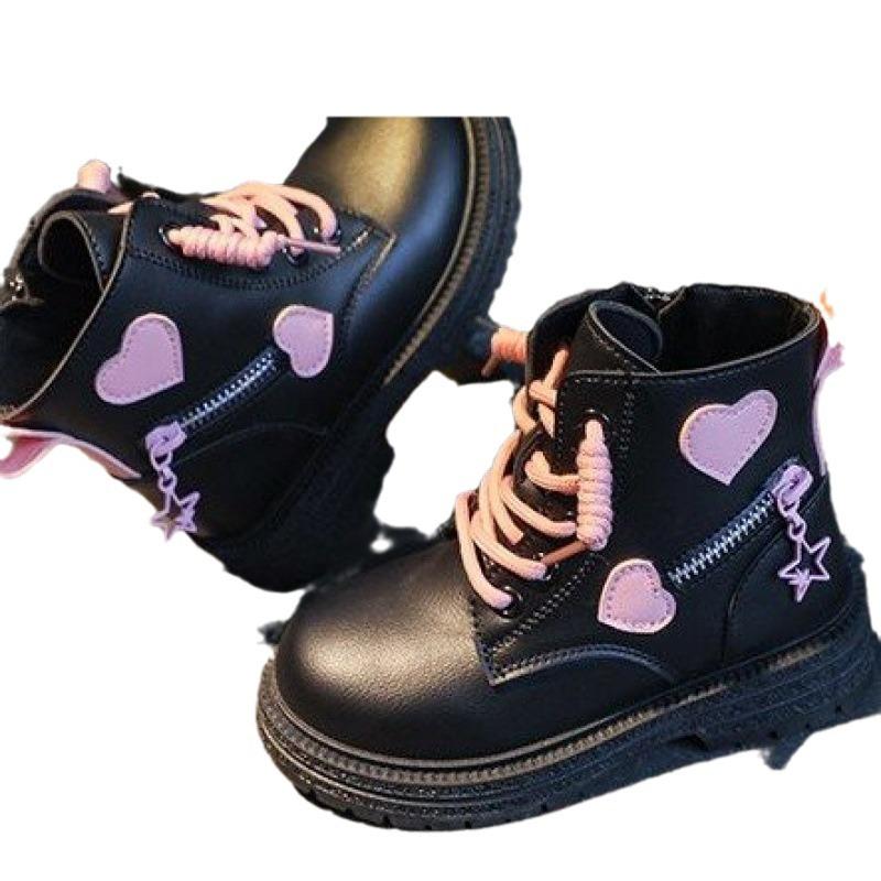 Fashion Girls Boots Kids Fashion Rubber Boots Cool Girl Autumn and Winter Cotton Soft Sole Pink with Love Side Zip Princess Round-toe PU