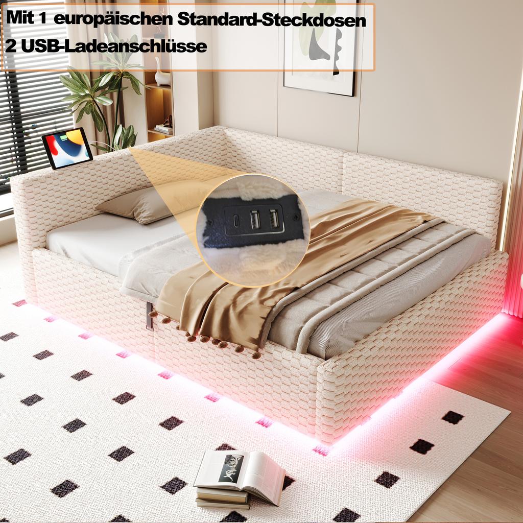 Letto imbottito 140 x 200 cm con illuminazione a LED, porte Type-C e due USB, schienale angolare a L, velluto, telaio letto idraulico Beige (Materasso non incluso)