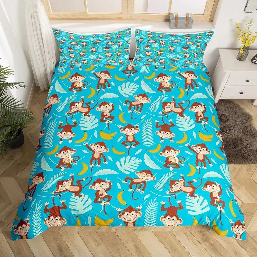 Set Copripiumino Scimmia Carina Set Biancheria da Letto Animale Cartone Animato per Bambini Set Biancheria da Letto Comodo e Caldo Adatto per Bambini Adolescenti