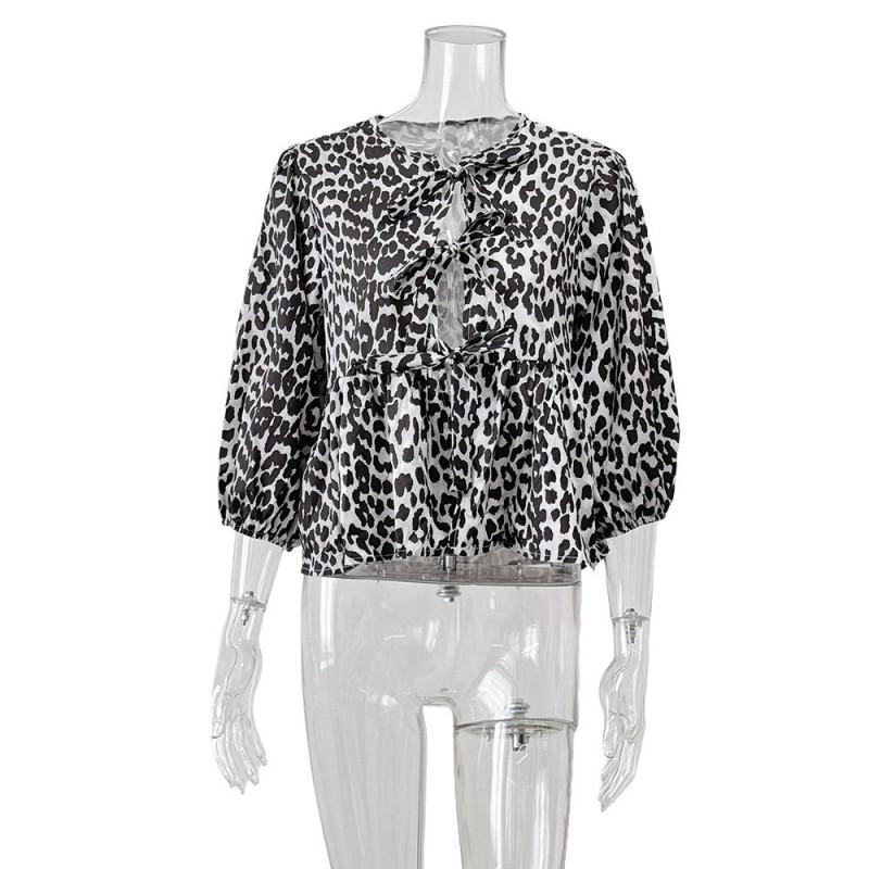 

European American Popular Butterfly Cardigan Top Early Autumn Lace Round Neck Bubble Sleeves Fashionable Sexy Loose T-shirt L леопардовый