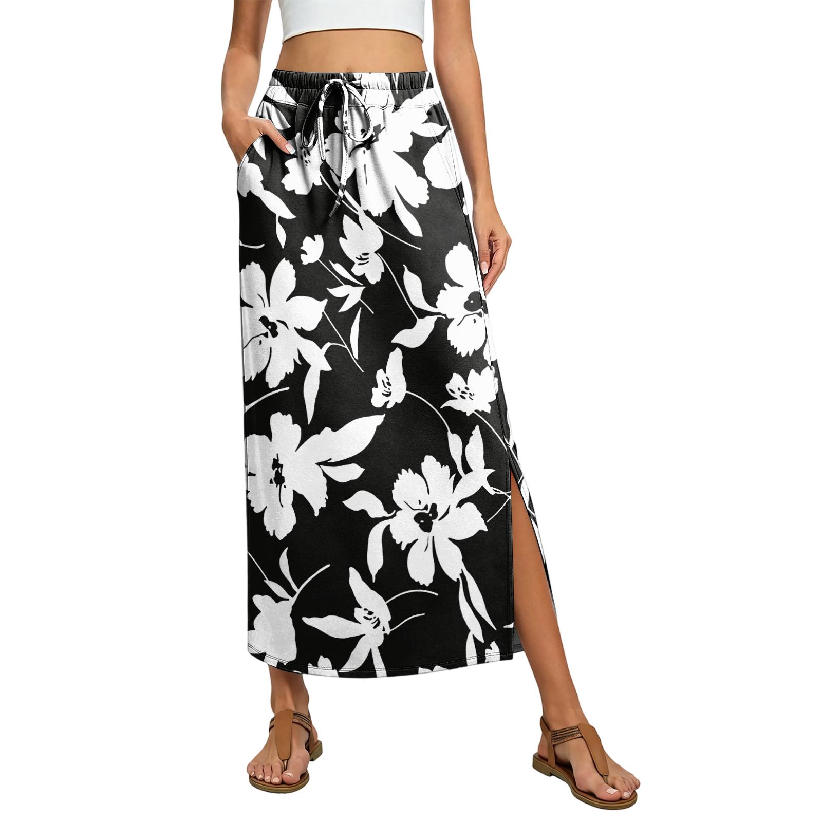 Ladies  floral elastic waist drawstring pocket skirt L