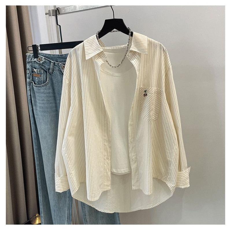 Striped Shirt Women's Loose Design Korean Style Casual Pure Cotton Long Sleeve Thin