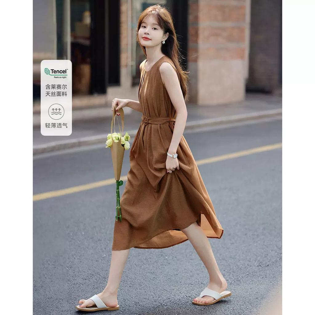 Lace-up Waist Dress Summer New Round Neck Pleated A-line Dress