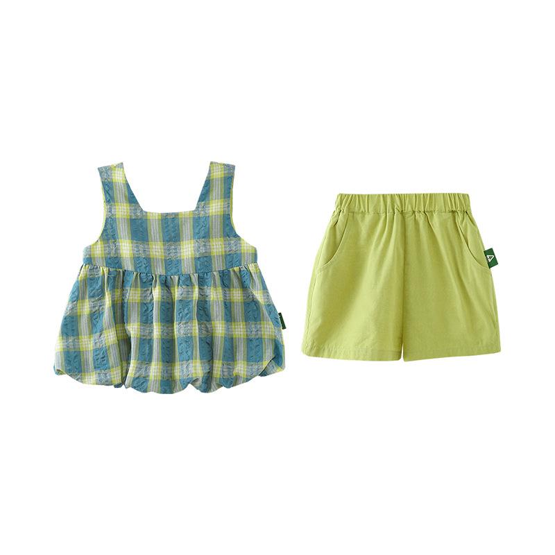 

2025 Summer Girls Retro Plaid Vest & Shorts Set - Worry-free Two-piece 80 cm