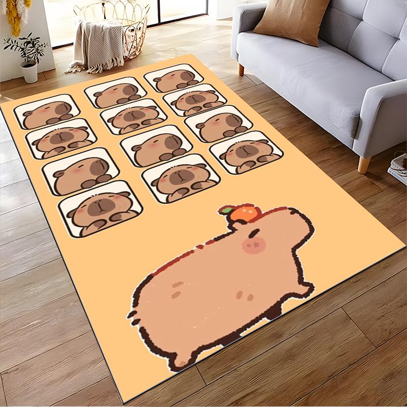 Cute Cartoon Animal Carpet with Sleeping Capybaras and Orange Accent Suitable for use as an anti-slip for living room bedroom sofas