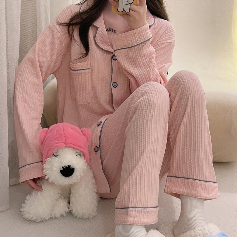 2024 Women's Long-Sleeve V-Neck Ribbed Cotton Pajama Set - Sweet Princess Style, Solid Color, Large Size, Ideal for Spring and Autumn.