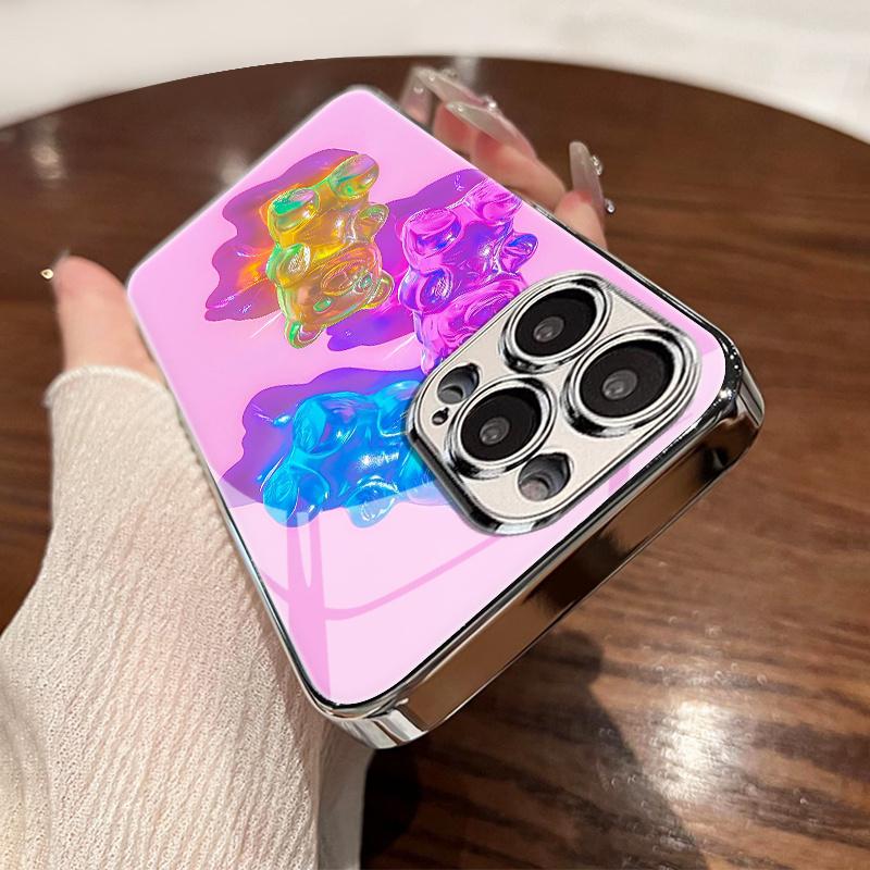 Colorful Gummy Bear Patterned Glass Electroplated Phone Case  for Iphone 16 16Pro 16Promax 16Plus 15 15Plus 15Pro 15Promax