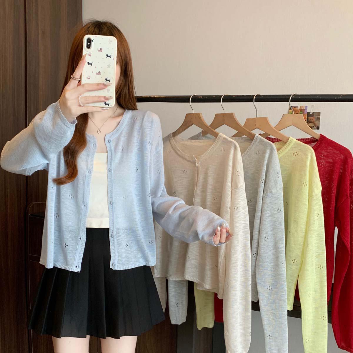 

Женский кардиган из красного ледяного шелка для защиты от солнца - Осенний тонкий трикотажный верх в ленивом стиле, майка, большого размера XL (suggested 110-125 jin) светло-синий