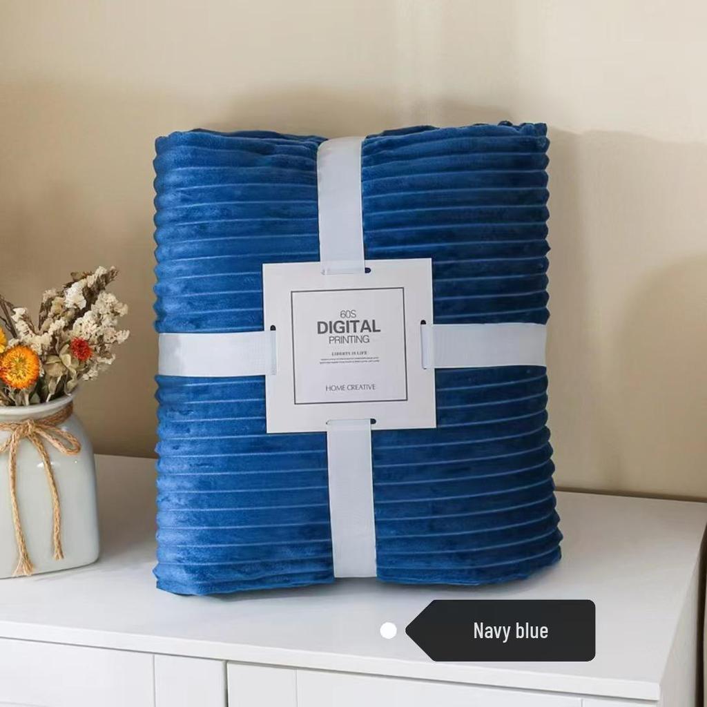 Thickened Flannel Striped Velvet Blanket, Plain Color Coral Fleece