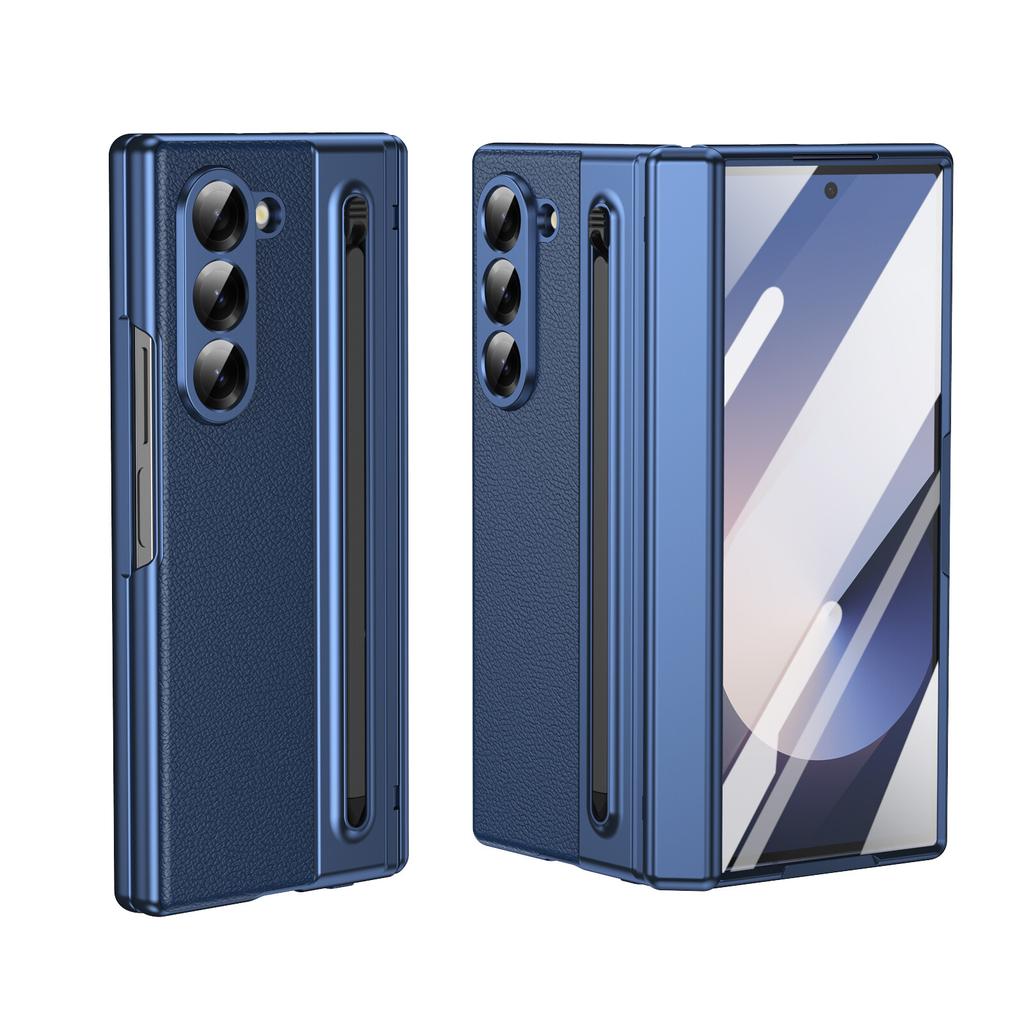 For Samsung Z Fold 7 6 5 4 8 Ultra Hinge Protective Case PC + PU texture + tempered film Front Screen Protector (With touch pen)