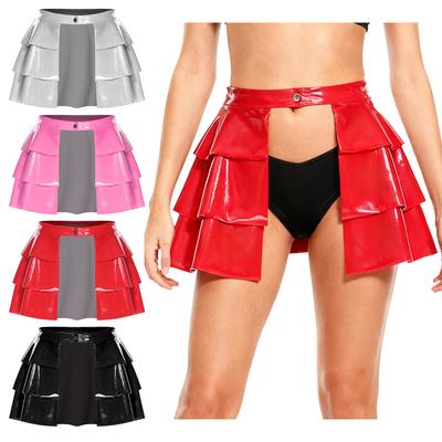 S-3XL Women's Nightclub Skirt: Shiny PU Mini with Front Button & Ruffled Hem for Pole Dance Nightwear