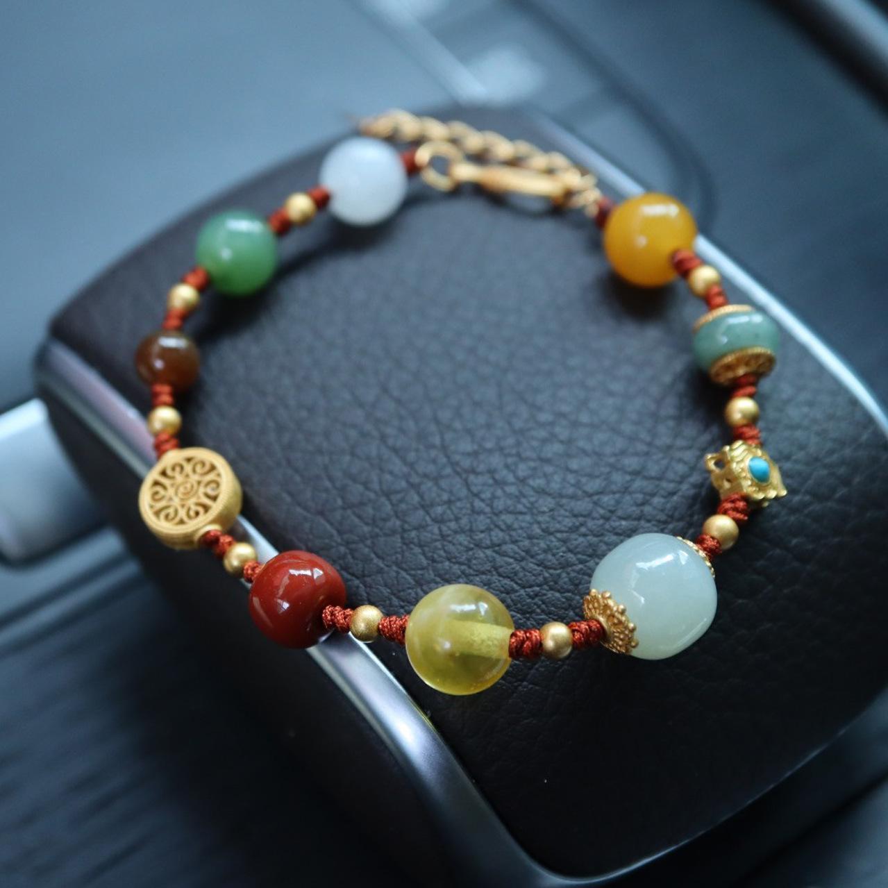 Ethnic Bracelet Female Hetian Jade Green Jade Jade Southern Red Agate Duobao Female Perfect Handmade Braided Rope