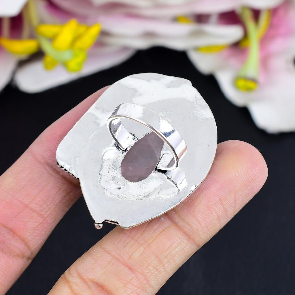 Rose Quartz Gemstone Handmade 925 Sterling Silver Jewelry Ring Size 8 KG-1680