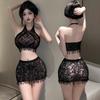 Manyan Sexy Mesh Halter Neck Lingerie with Stockings Set