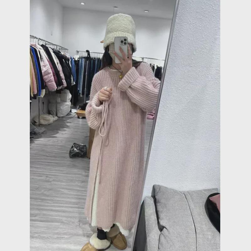 Women's Korean-Style Loose Sweater Dress, Side Slit, Over-Knee, Mid-Length, for Spring and Autumn 2025