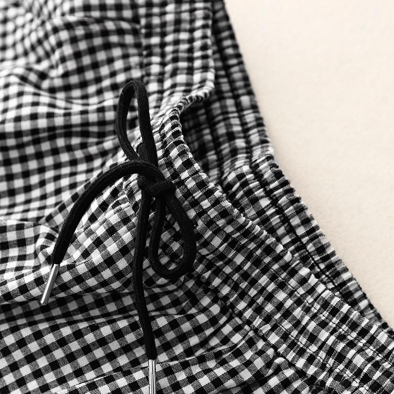 2025 Spring and Summer New Comfortable Drawstring Design Black and White Plaid Cotton and Linen Straight Pants Loose and Thin Lazy Style Floor Pants