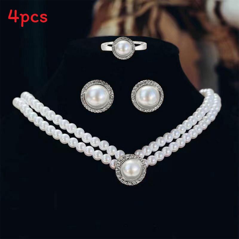 

Artificial Pearl Necklace Earrings Bracelet Set With Double Layer Locking Chain For Wedding Bridesmaids срібний