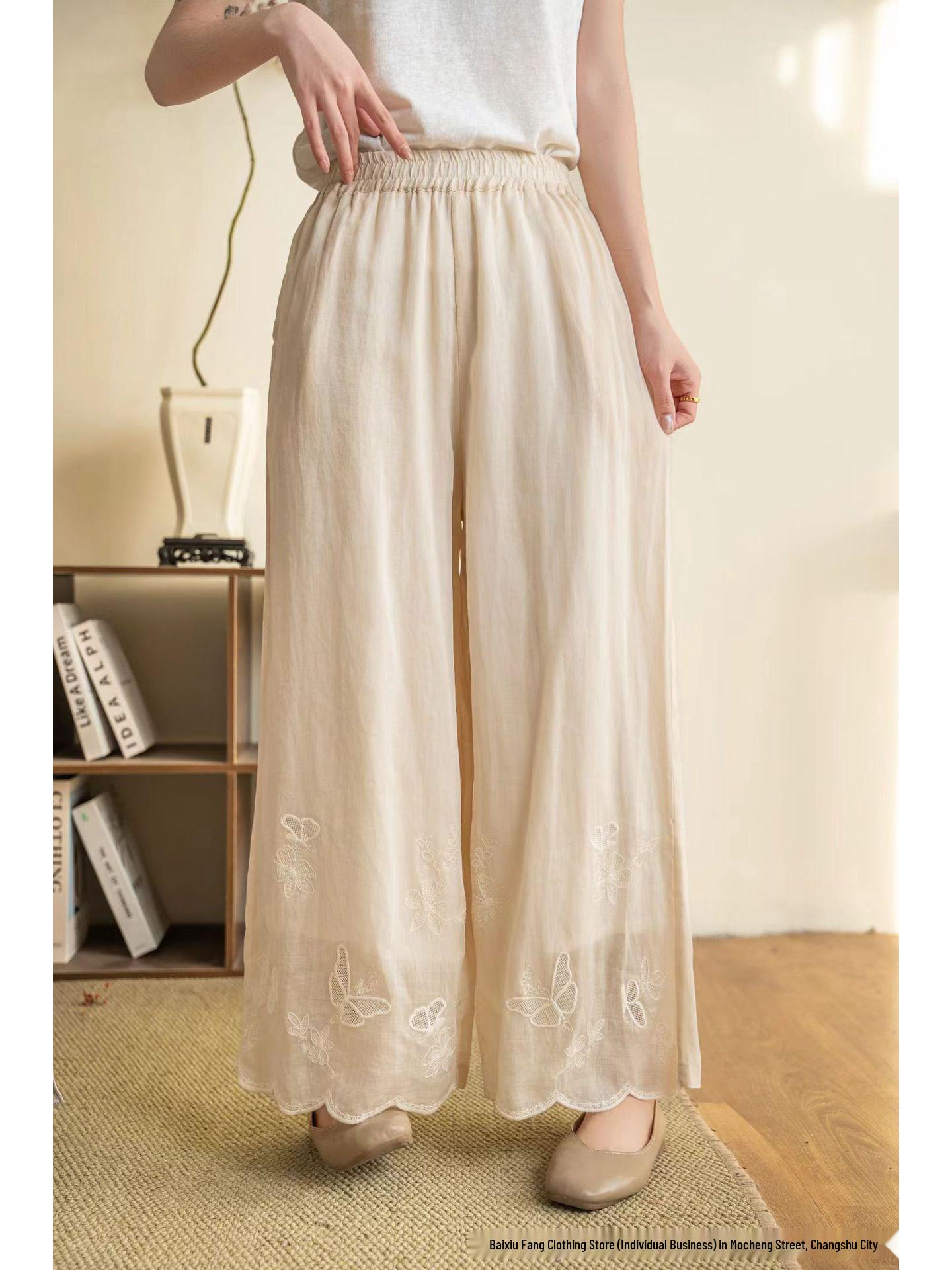 Women s 2026 Summer Casual Double-Layered Linen Wide-Leg Trousers with Stylish Hollow-Out and Drawstring. One Size