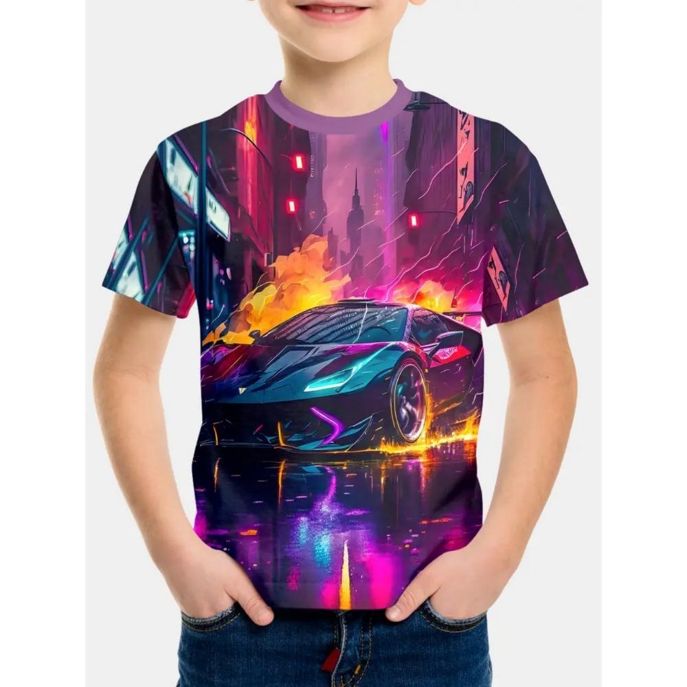 Boys' T-shirts with racing prints, fashionable children's T-shirts, short sleeved children's T-shirts, casual baby clothing for boys