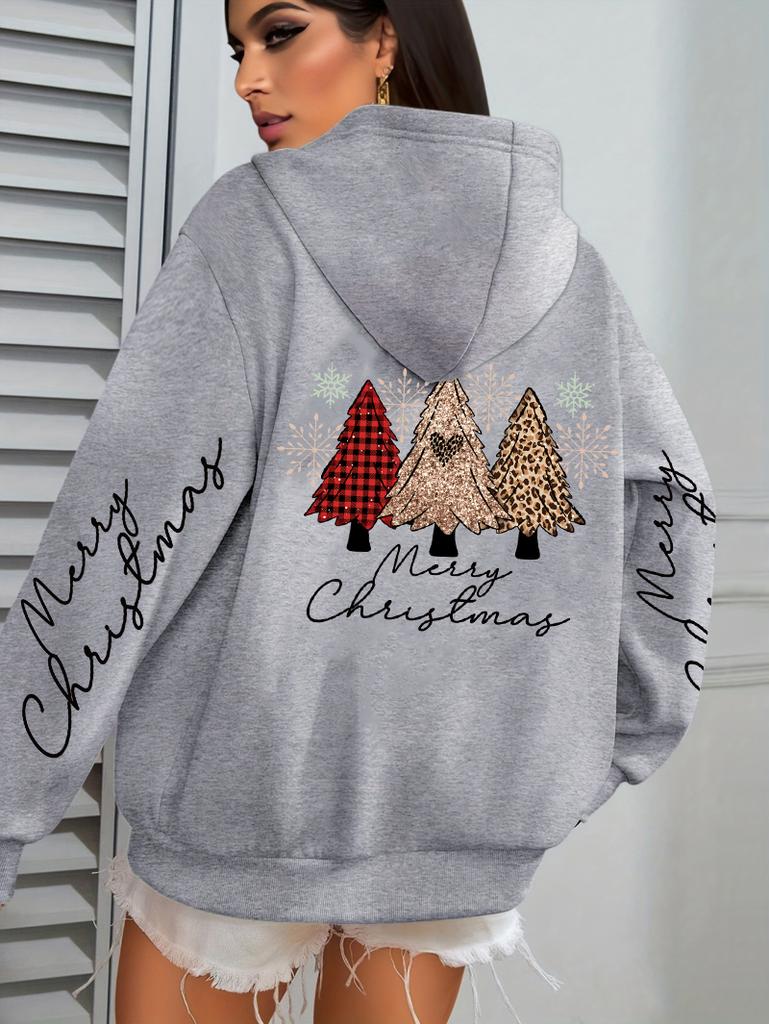 Merry Christmas Leopard Plaid Trees Pattern Hoodies Women Hip Hop Autumn Hoodie Pocket Loose Streetwear Fleece Y2K Pullovers