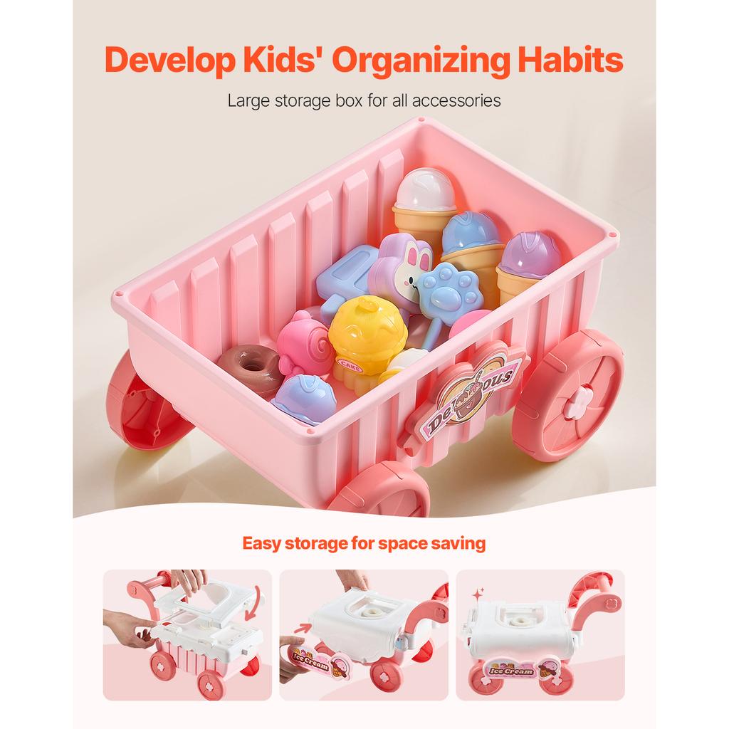 SucceBuy Pink Kids Ice Cream Cart Pretend Play Store Dolly with Sound & Light Effect Montessori Educational Toys for Children