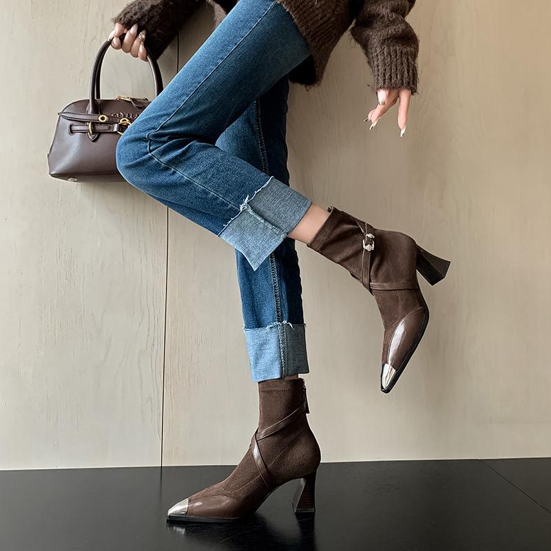 205 autumn and winter new pointed thin small short boots British style fashion versatile thick heel one pedal high heel thin boots