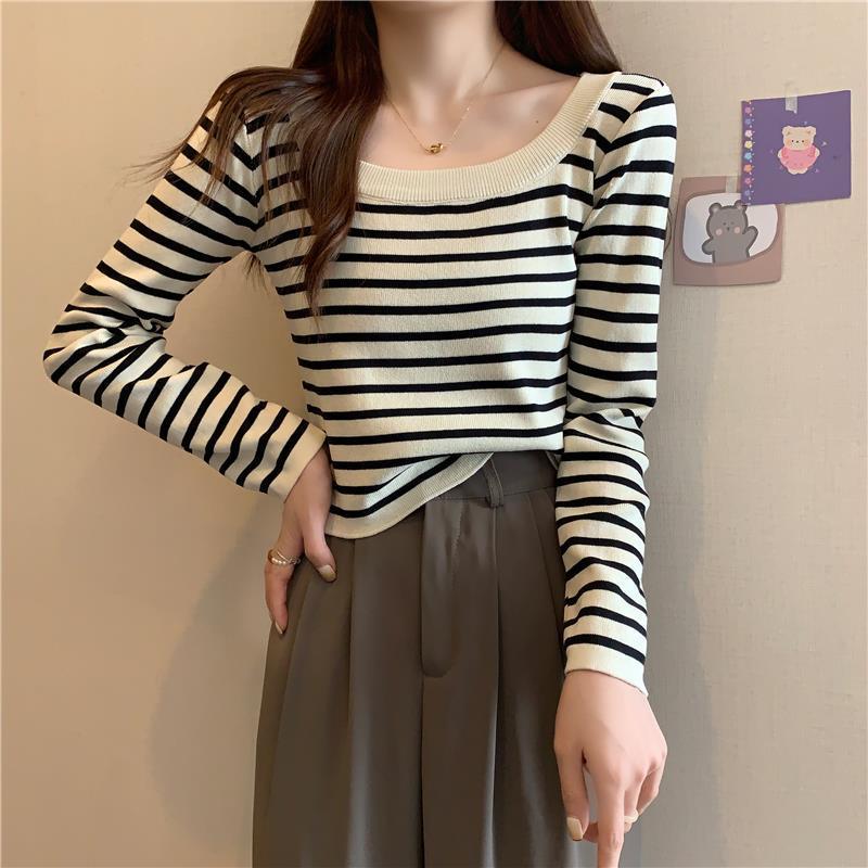 Knitted sweater women's new autumn exposed collarbone striped chic gentle long-sleeved sweater with bottoming shirt top