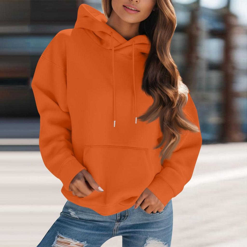 Women's Fashion Solid Color Hooded Drawstring  Long Sleeve Loose Pullover Sweatshirt Top