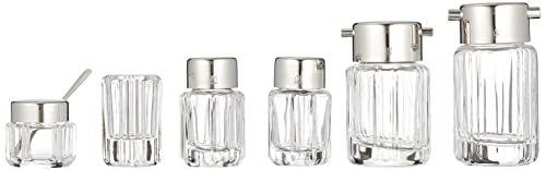 Otsuka Glass Emtaka 6-Piece Seasoning Container Set with Stainless Steel Lid, Commercial Grade, Caster Set, and Round Tray, Made in Japan, Clear, ETK-