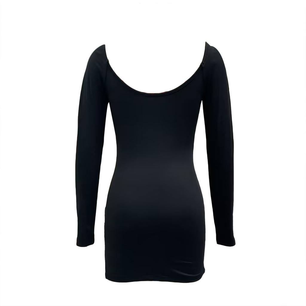 Women Bodycon Dress, Long Sleeve Low-cut Lace Trim Slim Fit Slit Dress Mini Dress Clubwear